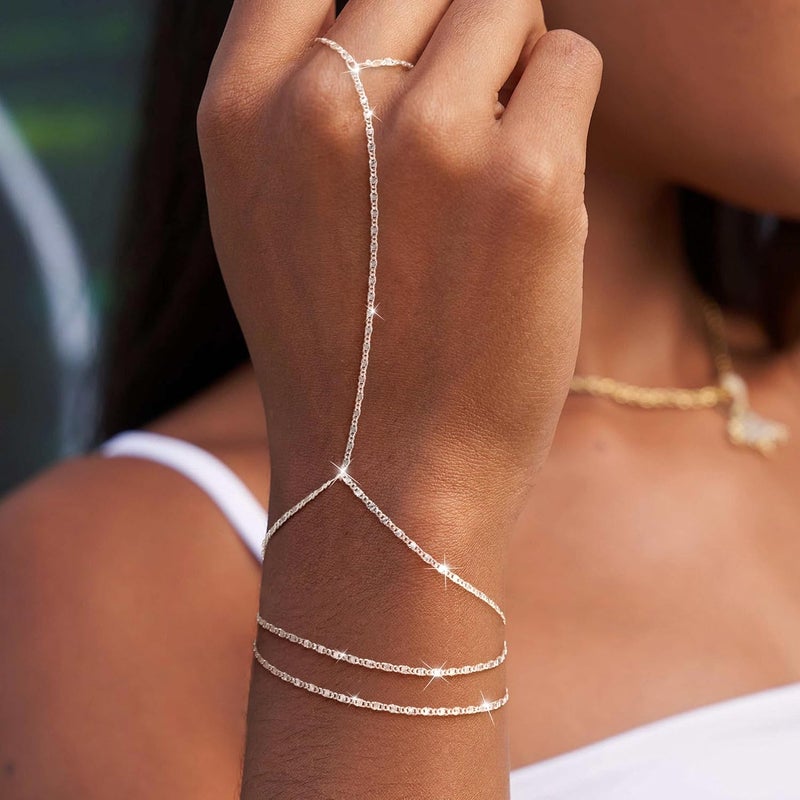 Moodear سوار حلقة رقيقة من الفضة الإسترلينية مع سلسلة يد للنساء - مطلي بالذهب عيار 14K / فضة إسترلينية بطبقات مع خرز ساتلي قابل للتعديل ورابط ورقة نقطي من CZ سلاسل يد سوار غير متأكسد مجوهرات عصرية هدية - Image 2